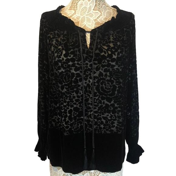 NWT Go Silk velvet floral sheer tasseled top, smocked, ruffled collar size small - Picture 1 of 12